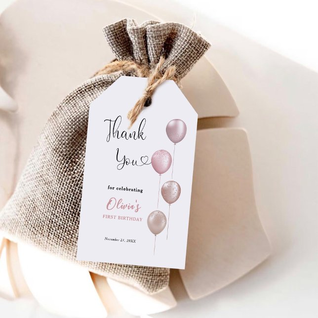 Étiquettes-cadeau Ballons Blush Girl Premier anniversaire Merci (Créateur téléchargé)