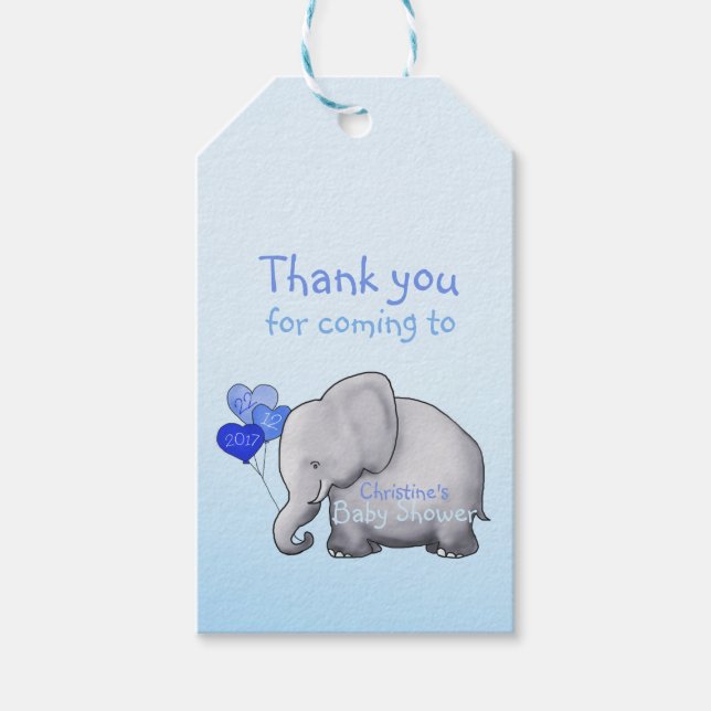 Étiquettes-cadeau Ballons Coeur mignon Eléphant Bleu Bébé Garçon Dou (Devant)