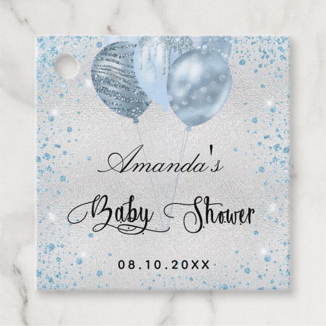 Étiquettes Cadeau Ballons de parties scintillant bleu baby shower (Devant)