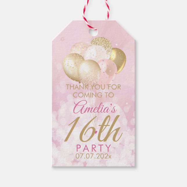 Étiquettes-cadeau Ballons de Parties scintillant rose 16e anniversai (Devant)