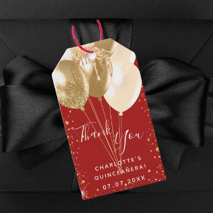 Étiquettes-cadeau Ballons d'or rouge Quinceanera merci