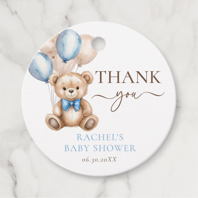 Étiquettes Cadeau Ballons d'ours en peluche | Baby shower Blue Boy (Devant)