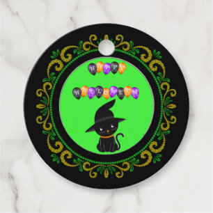 Étiquettes Cadeau Ballons Jaune Vert Chat Noir Joyeux Halloween