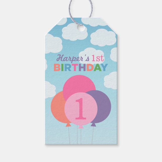 Étiquettes-cadeau Balloons rose moderne bébé fille premier anniversa (Devant)