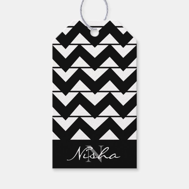 Étiquettes-cadeau Bande Chevron noire et blanche Personnalisée (Devant)