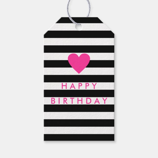 Étiquettes-cadeau Bande noire moderne avec Coeur rose Anniversaire (Devant)
