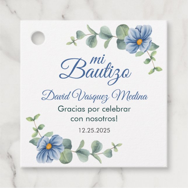 Étiquettes Cadeau Baptême Aquarelle Vert Feuille Fleurs Bleues migno (Devant)