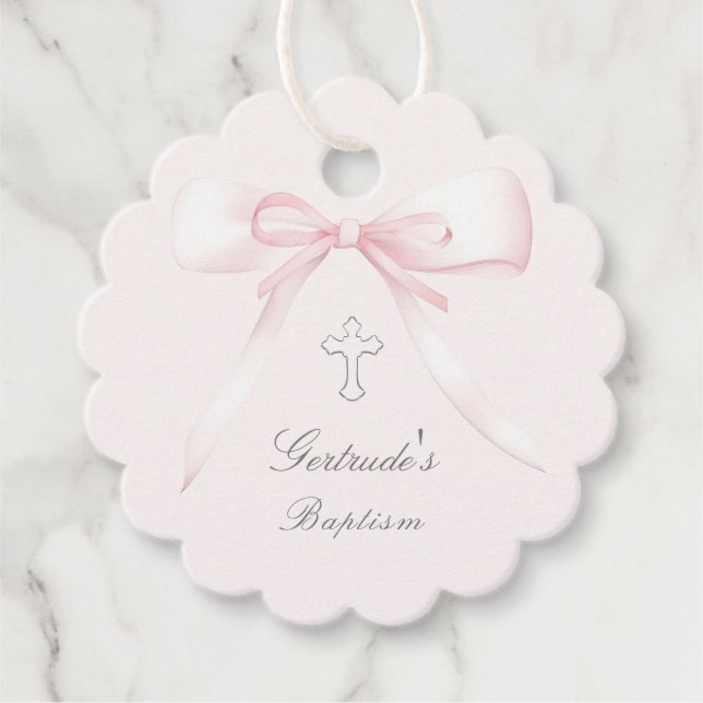 Étiquettes Cadeau Baptême arc rose balises de faveur (Devant)
