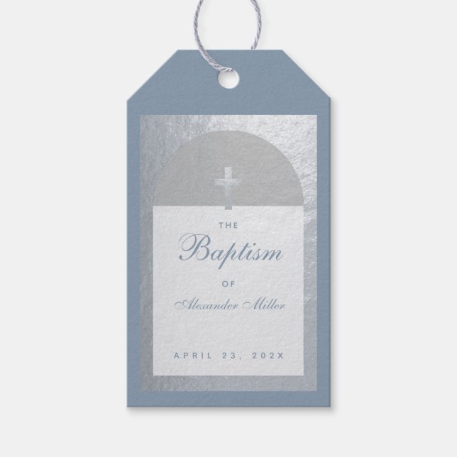 Étiquettes-cadeau Baptême Boy Dusty Blue Faux Arc Argent Script (Devant)