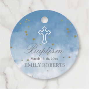 Étiquettes Cadeau baptême ciel bleu élégant monogramme