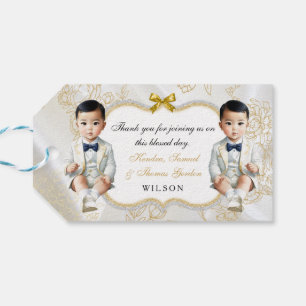 Étiquettes-cadeau Baptême Communion Jumeaux Bébés Asiatiques Or Blan