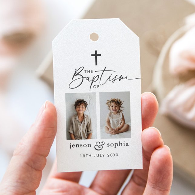 Étiquettes-cadeau Baptême conjoint 2 photo (Zazzle Joint Baptism 2 Photo Gift Tags)