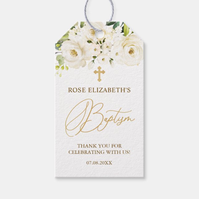 Étiquettes-cadeau Baptême croisé de feuillage de Roses blanches (Devant)