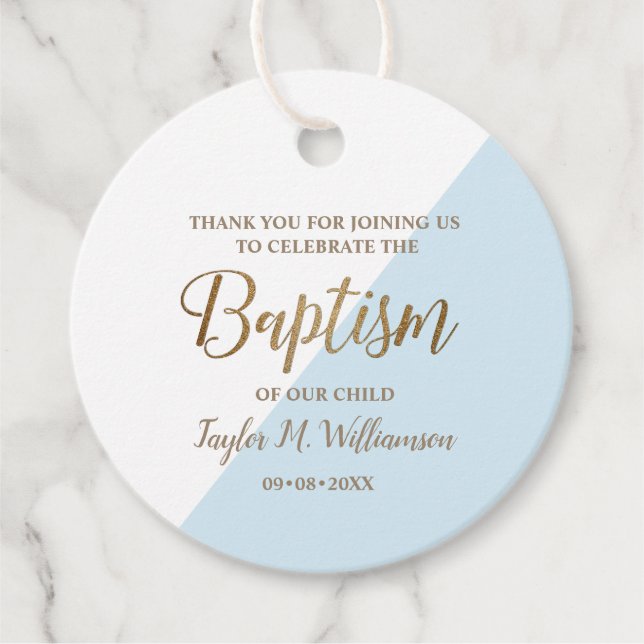 Étiquettes Cadeau Baptême de bébé bleu personnalisé merci (Devant)