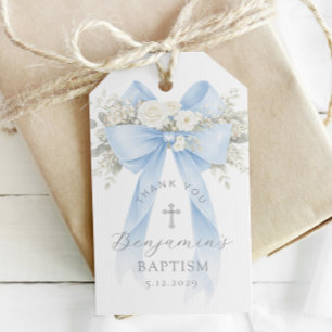 Étiquettes-cadeau Baptême de bébé garçon croix argentée floral noeud