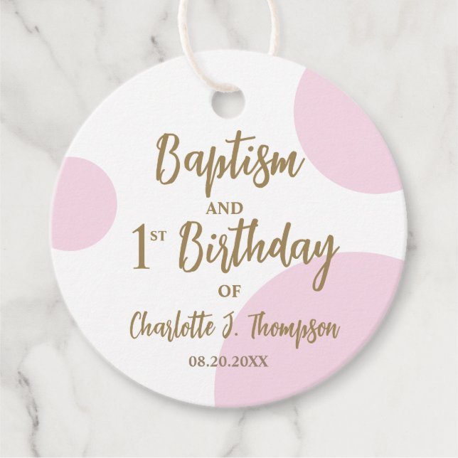 Étiquettes Cadeau Baptême de bébé rose personnalisé 1er anniversaire (Devant)