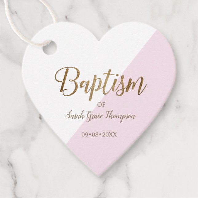 Étiquettes Cadeau Baptême de bébé rose personnalisé COEUR merci (Devant)