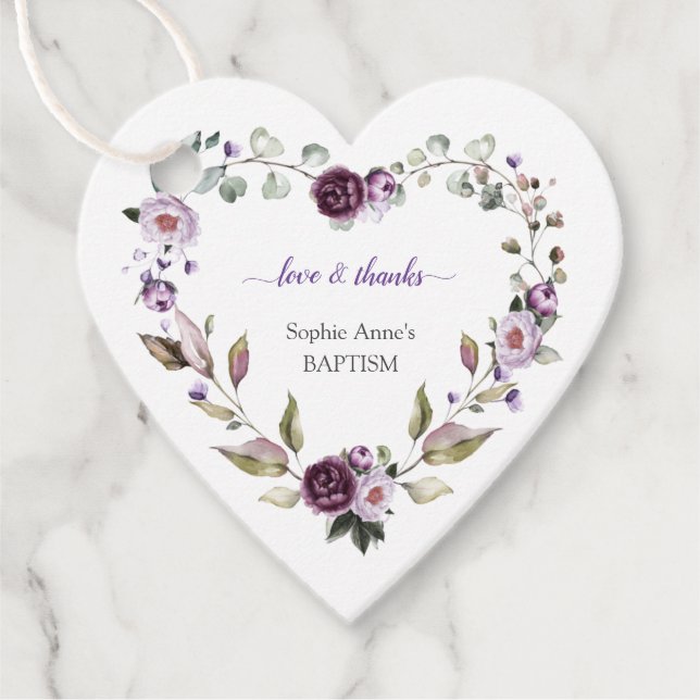 Étiquettes Cadeau Baptême de Fleurs de pivoines violettes délicates (Devant)