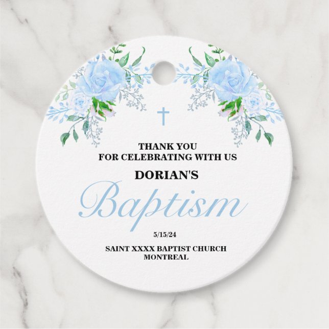 Étiquettes Cadeau Baptême de garçon floral bleu (Devant)