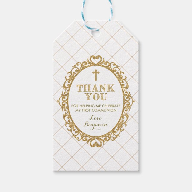 Étiquettes-cadeau Baptême d'or blanc Merci de la Communion (Devant)