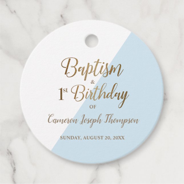 Étiquettes Cadeau Baptême d'or bleu moderne 1er garçon d'anniversair (Devant)