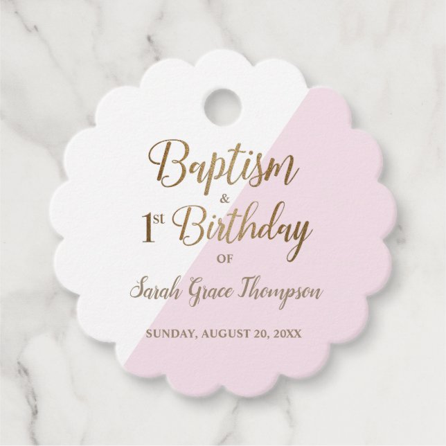Étiquettes Cadeau Baptême d'or rose moderne Premier anniversaire béb (Devant)