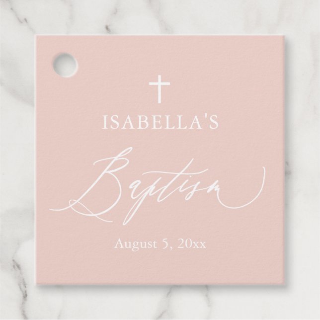 Étiquettes Cadeau Baptême Dusty Pink White Cross Girl Baptism Favori (Devant)