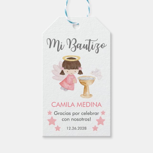 Étiquettes-cadeau Baptême En Espagnol Aquarelle Personnalisable Ange (Devant)