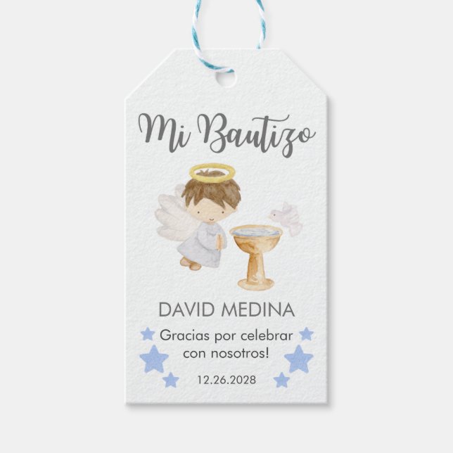 Étiquettes-cadeau Baptême En Espagnol Aquarelle Personnalisable Ange (Devant)