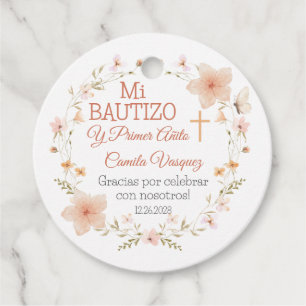 Étiquettes Cadeau Baptême et premier anniversaire Fleurs roses Bauti