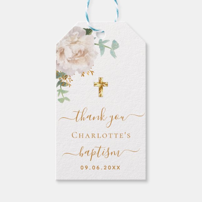 Étiquettes-cadeau Baptême eucalyptus blanc floral merci (Devant)