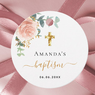 Étiquettes Cadeau Baptême eucalyptus rose floral fille rose or