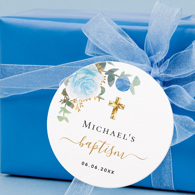 Étiquettes Cadeau Baptême eucalyptus vert bleu garçon fleuri (Créateur téléchargé)