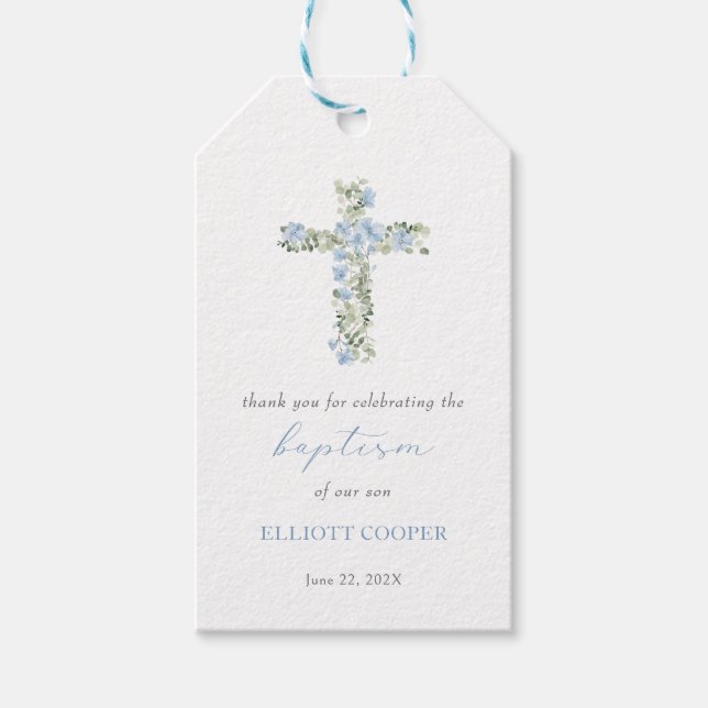 Étiquettes-cadeau Baptême Fille Croix Flore Bleue Favoriser Baptême  (Devant)