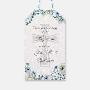 Étiquettes-cadeau Baptême Floral Bleu Élégant Croix Religieuse