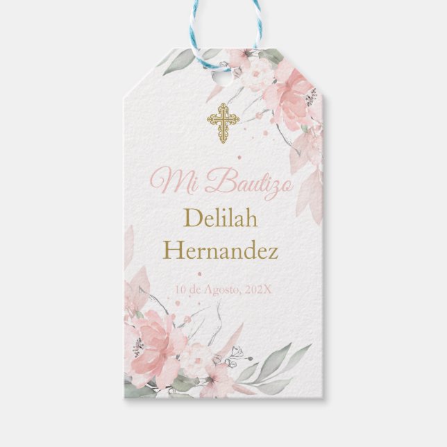 Étiquettes-cadeau Baptême floral rose espagnol (Devant)