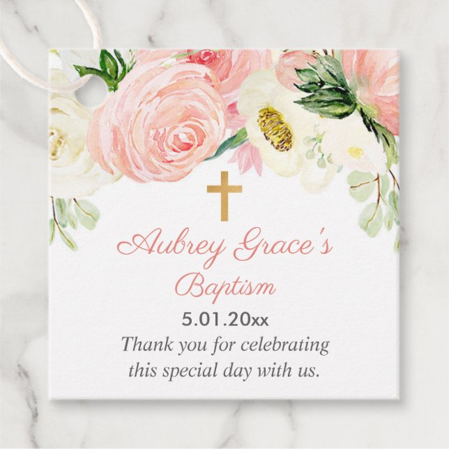 Étiquettes Cadeau Baptême floral rose rose rousse première communion (Devant)