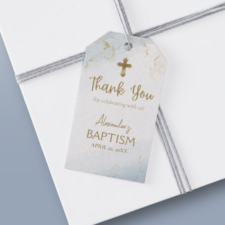 Étiquettes-cadeau Baptême Garçon Croix Merci bleu