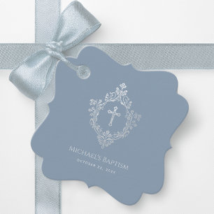 Étiquettes Cadeau Baptême garçon Dusty Blue Silver Cross Crest Vinta
