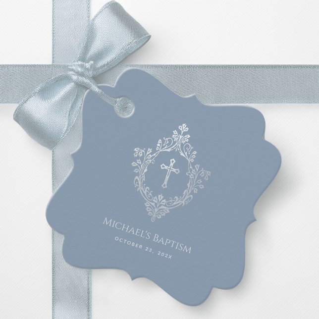 Étiquettes Cadeau Baptême garçon Dusty Blue Silver Cross Crest Vinta (Créateur téléchargé)