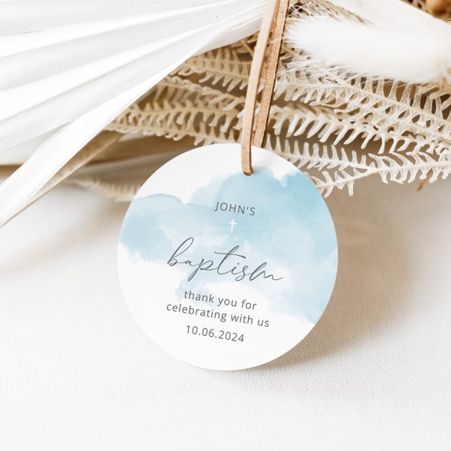 Étiquettes Cadeau Baptême garçon élégant bleu aquarelle  (Créateur téléchargé)