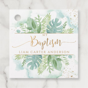 Étiquettes Cadeau Baptême Merci Vert et bleu vert aquarelle
