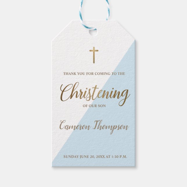 Étiquettes-cadeau Baptême Moderne Bleu Blanc Or bébé Garçon (Devant)