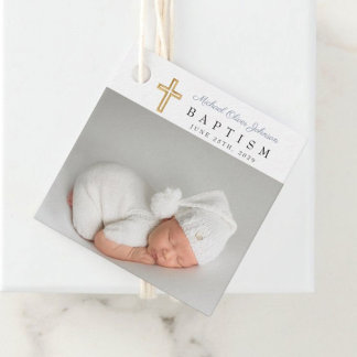 Étiquettes Cadeau Baptême moderne Dusty Blue Script photo