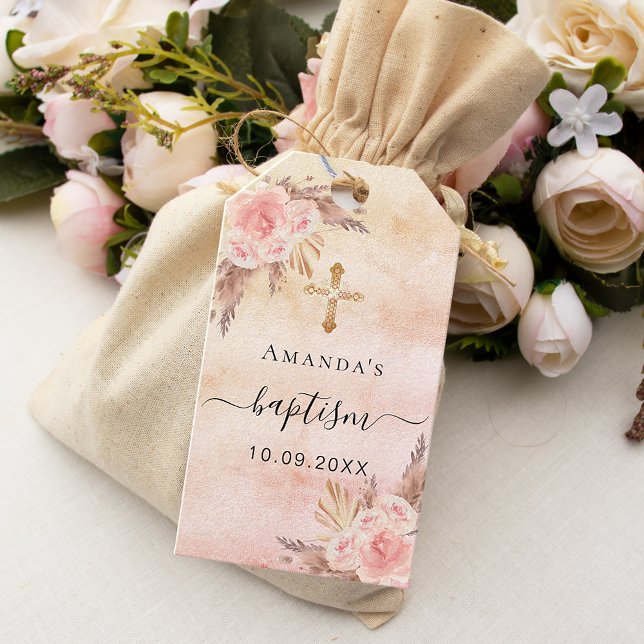 Étiquettes-cadeau Baptême pampas herbe blush rose Merci (Créateur téléchargé)