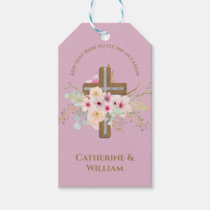 Étiquettes-cadeau Baptême personnalisé et croix florale