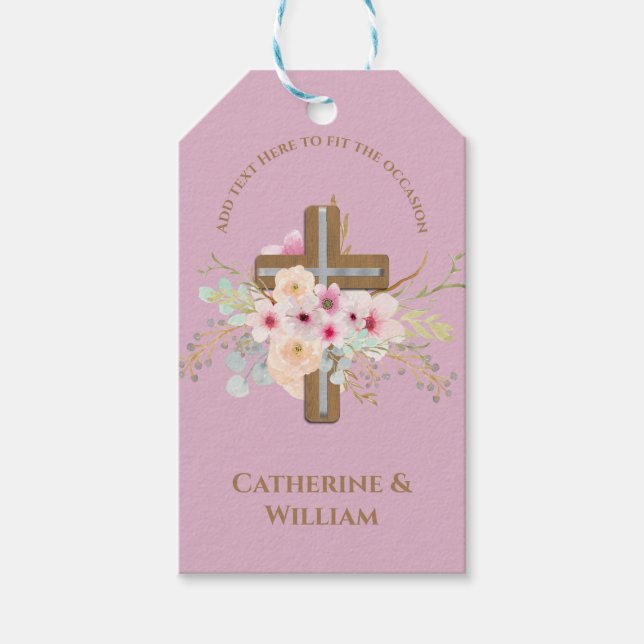 Étiquettes-cadeau Baptême personnalisé et croix florale (Devant)