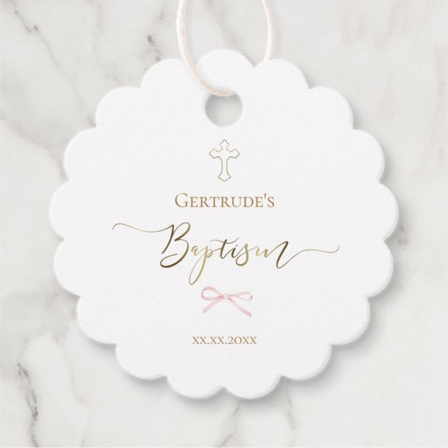 Étiquettes Cadeau Baptême petit arc rose balises de faveur (Devant)