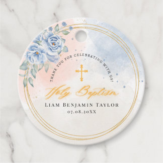 Étiquettes Cadeau Baptême religieux garçon aquarelle fleurie moderne