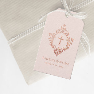 Étiquettes-cadeau Baptême Rose Fille Vintage Rose Gold Crest Croix